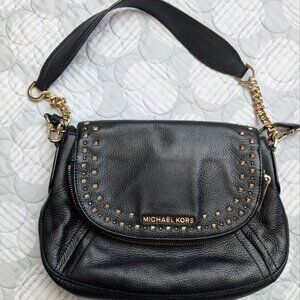 Michael Kors Aria Black Leather Crossbody Bag with Gold Accents